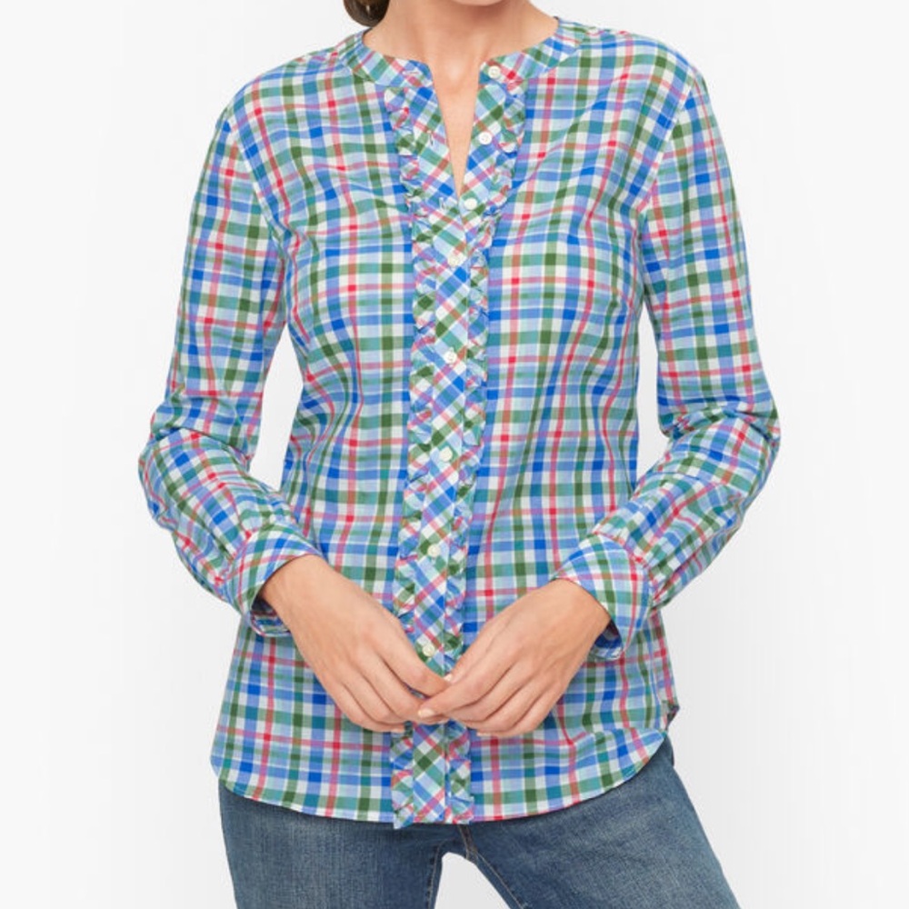 Talbots Ruffle Button Down Shirt in Picnic Plaid size large